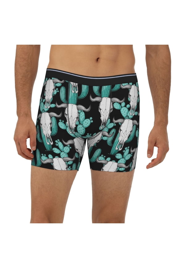 Mens Extended Length Boxer Briefs - Buffalo Skull Cactus Western Underwear Boxer Briefs with Elastic Band