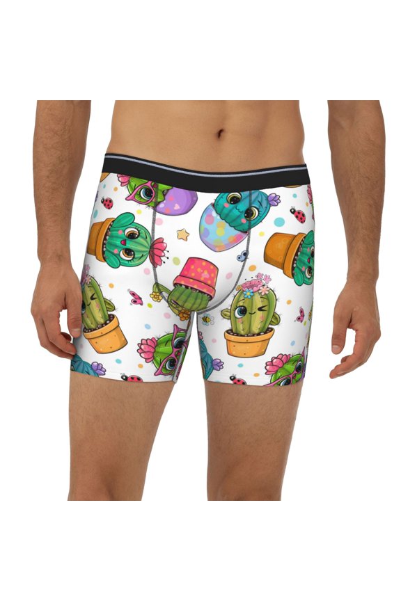 Mens Extended Length Boxer Briefs - Cactus And Insects Underwear Boxer Briefs with Elastic Band