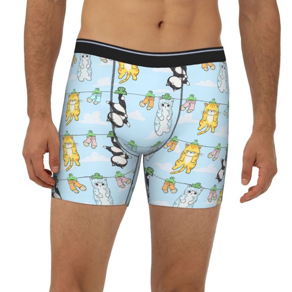 Mens Extended Length Boxer Briefs - Cartoon Cat Underwear Boxer Briefs with Elastic Band