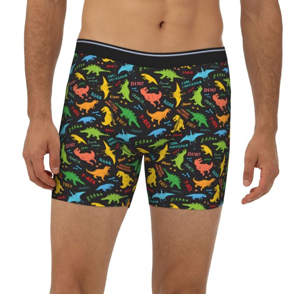 Mens Extended Length Boxer Briefs - Cartoon Dino Underwear Boxer Briefs with Elastic Band