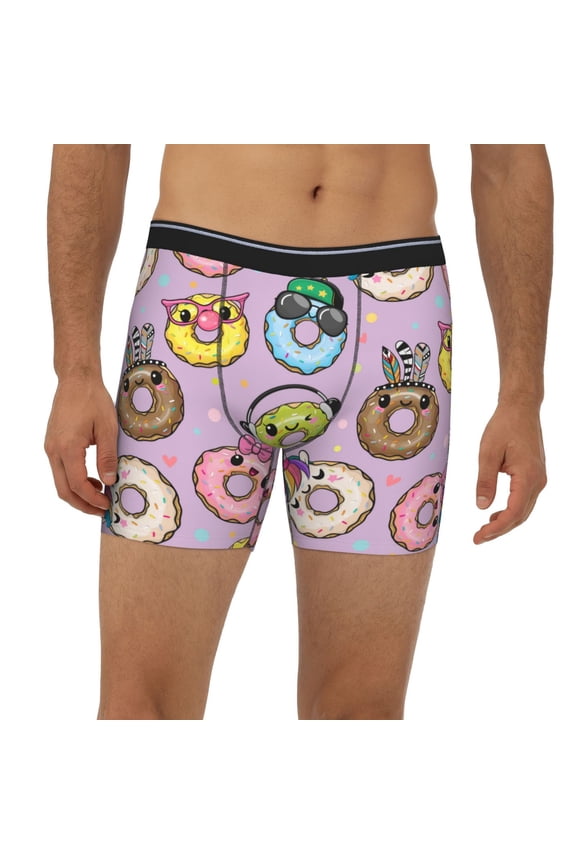 Mens Extended Length Boxer Briefs - Cartoon Donuts Underwear Boxer Briefs with Elastic Band