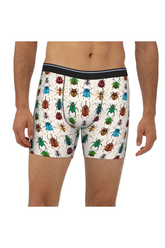 Mens Extended Length Boxer Briefs - Cartoon Insects Underwear Boxer Briefs with Elastic Band