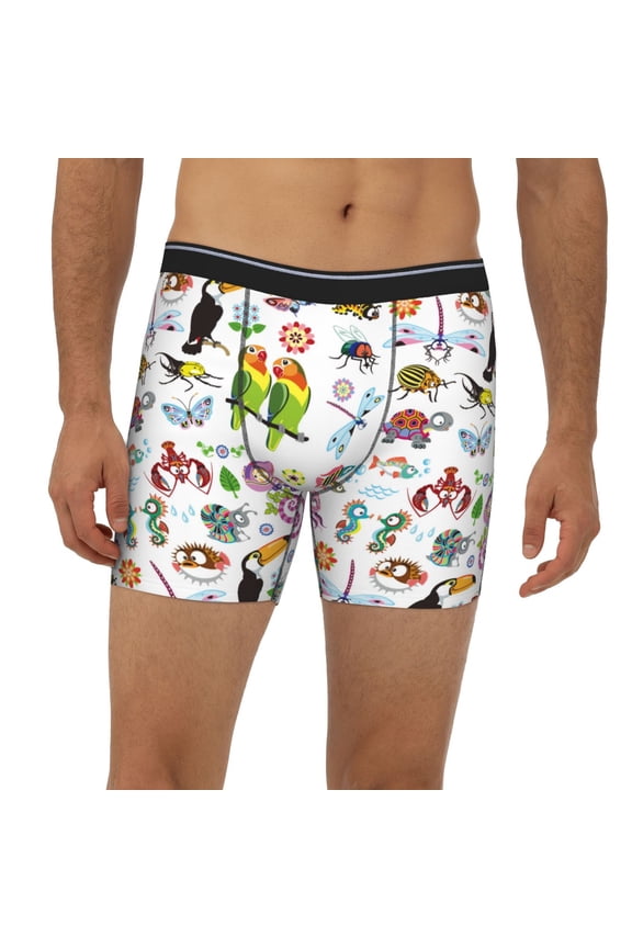Mens Extended Length Boxer Briefs - Cartoon Wild Animals Underwear Boxer Briefs with Elastic Band