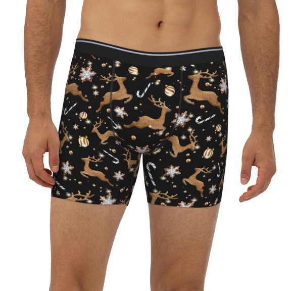 Mens Extended Length Boxer Briefs - Christmas Cookie Reindeer Underwear Boxer Briefs with Elastic Band