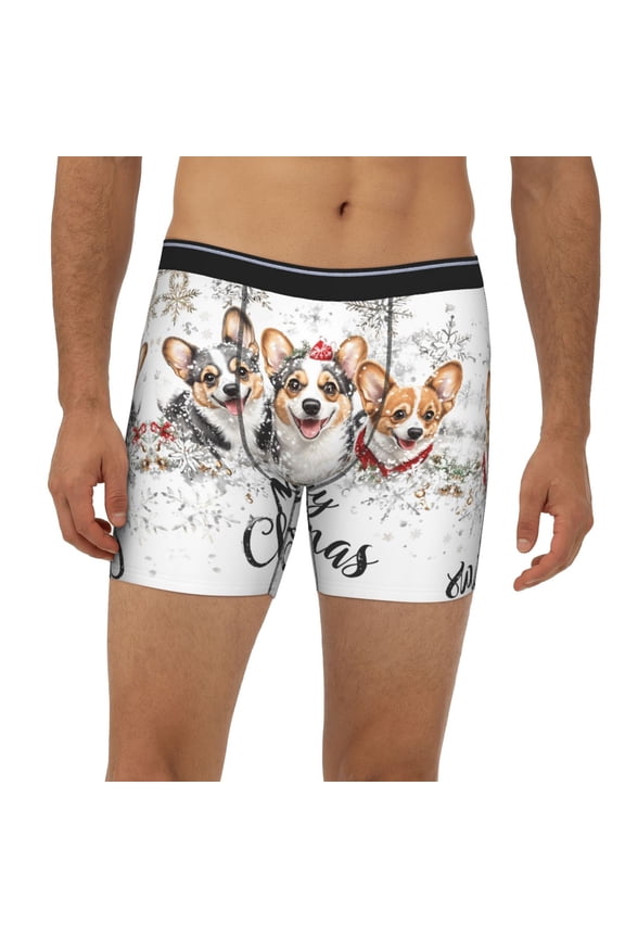 Mens Extended Length Boxer Briefs - Christmas Corgi Snowflakes Underwear Boxer Briefs with Elastic Band