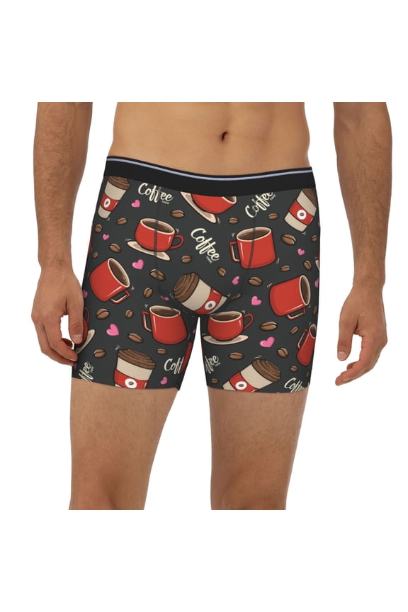Mens Extended Length Boxer Briefs - Coffee Mug Cup Underwear Boxer Briefs with Elastic Band