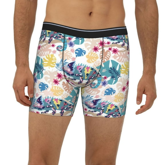 Mens Extended Length Boxer Briefs - Colorful Chameleons Underwear Boxer Briefs with Elastic Band