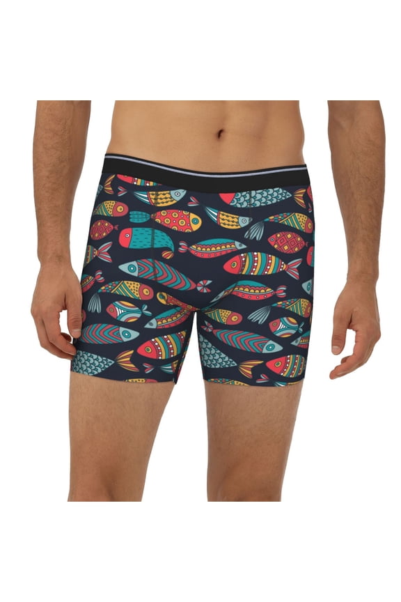 Mens Extended Length Boxer Briefs - Colorful Fish Underwear Boxer Briefs with Elastic Band