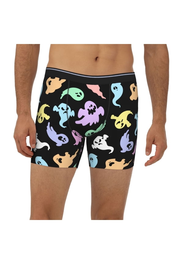 Mens Extended Length Boxer Briefs - Colorful Halloween Ghost Underwear Boxer Briefs with Elastic Band