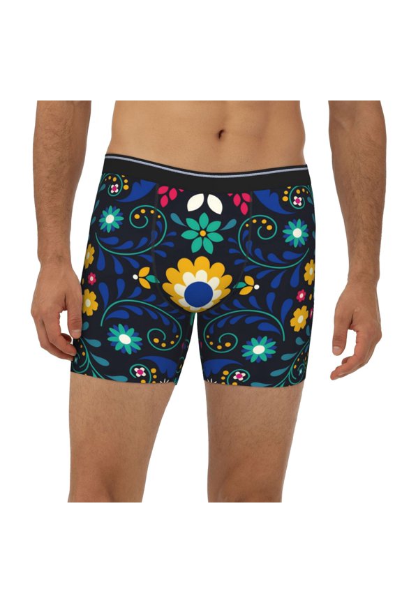 Mens Extended Length Boxer Briefs - Colorful Mexican Flower Underwear Boxer Briefs with Elastic Band