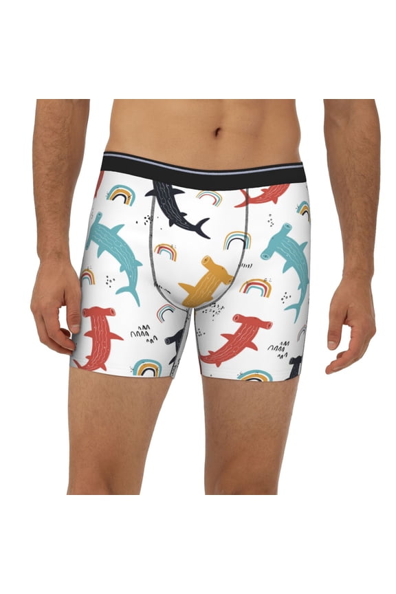 Mens Extended Length Boxer Briefs - Colorful Rainbow Hammerhead Shark Underwear Boxer Briefs with Elastic Band