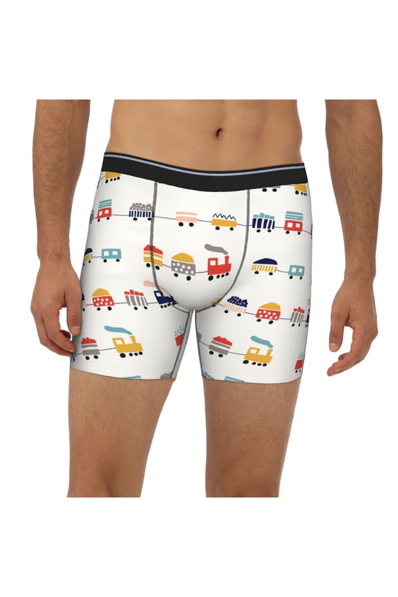 Mens Extended Length Boxer Briefs - Colorful Trains Underwear Boxer Briefs with Elastic Band