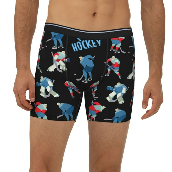 Mens Extended Length Boxer Briefs - Cool Ice Hockey Black Underwear Boxer Briefs with Elastic Band