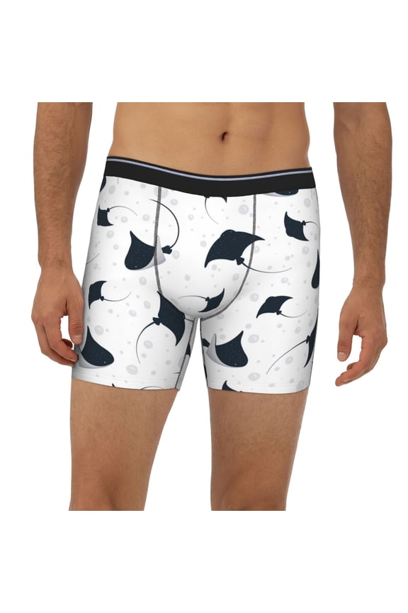 Mens Extended Length Boxer Briefs - Cool Stingrays Bubbles White Underwear Boxer Briefs with Elastic Band