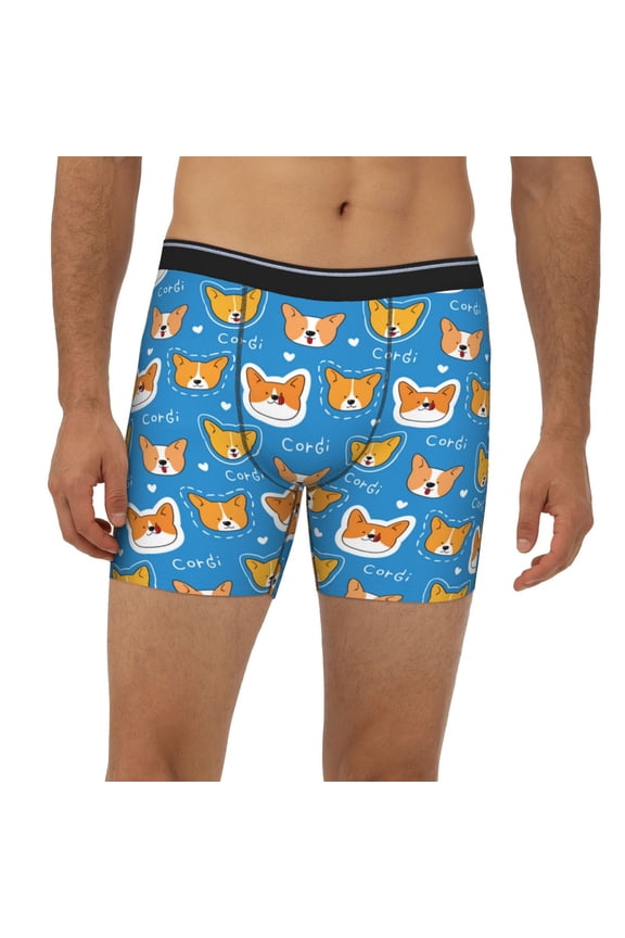 Mens Extended Length Boxer Briefs - Corgi Dog Face Underwear Boxer Briefs with Elastic Band