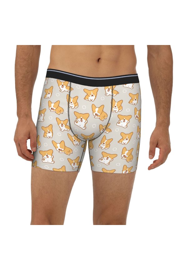 Mens Extended Length Boxer Briefs - Corgi Dog Underwear Boxer Briefs with Elastic Band