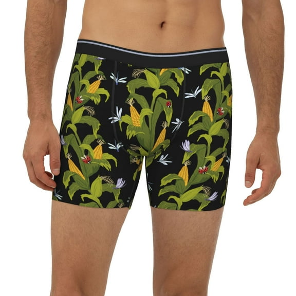 Mens Extended Length Boxer Briefs - Corn And Dragonflies Underwear Boxer Briefs with Elastic Band