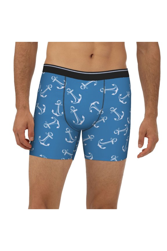 Mens Extended Length Boxer Briefs - Creative Anchor Blue Cartoon Underwear Boxer Briefs with Elastic Band
