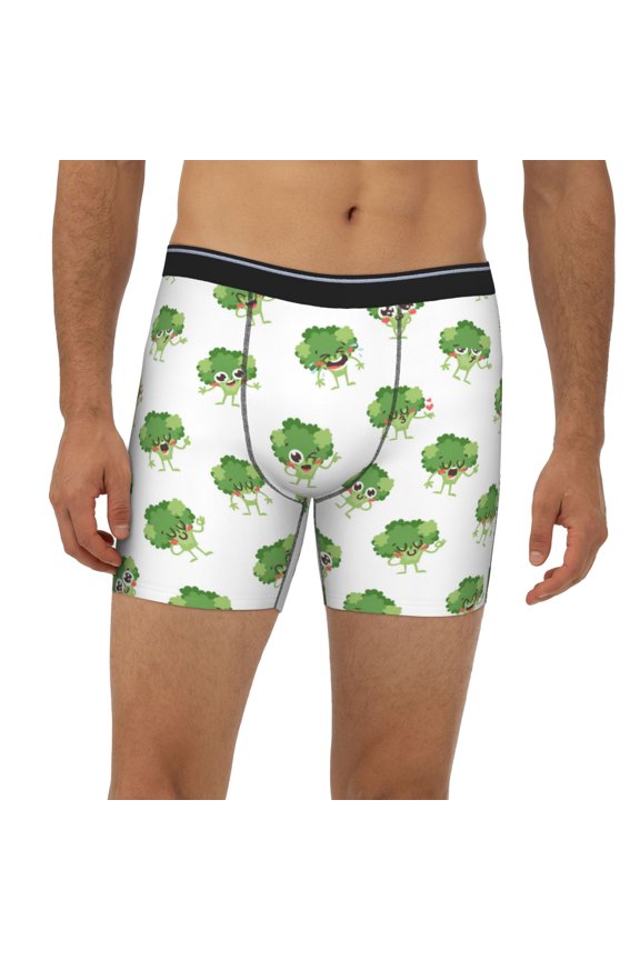 Mens Extended Length Boxer Briefs - Creative Cartoon Broccoli Cute Underwear Boxer Briefs with Elastic Band