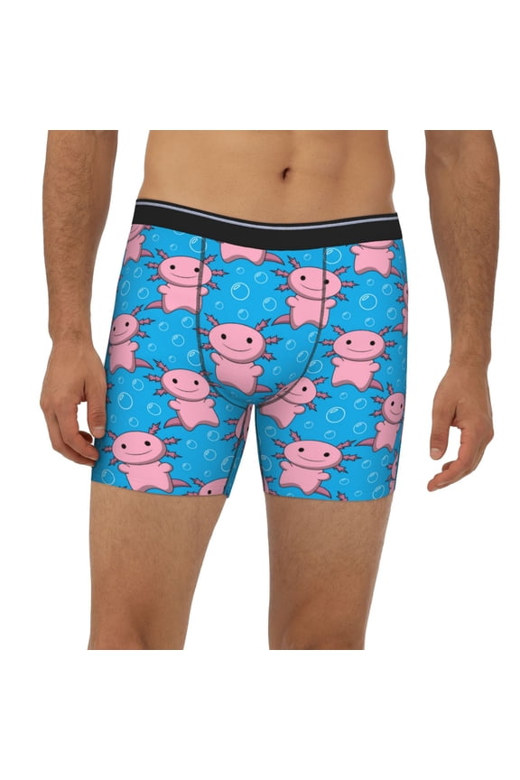 Mens Extended Length Boxer Briefs - Cute Cartoon Axolotl Bubbles Blue Underwear Boxer Briefs with Elastic Band