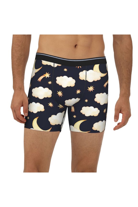 Mens Extended Length Boxer Briefs - Cute Clouds Moon Stars Starry Sky Underwear Boxer Briefs with Elastic Band