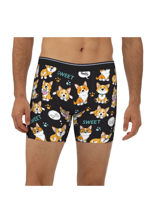 Mens Extended Length Boxer Briefs - Cute Dogs Corgi Underwear Boxer Briefs with Elastic Band