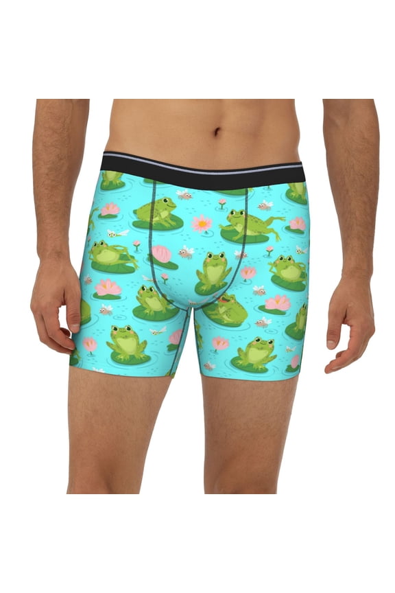 Mens Extended Length Boxer Briefs - Cute Frogs Lily Leaves Dragonfly Underwear Boxer Briefs with Elastic Band