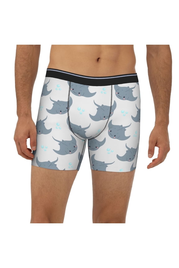 Mens Extended Length Boxer Briefs - Cute Stingray Bubbles Grey Underwear Boxer Briefs with Elastic Band