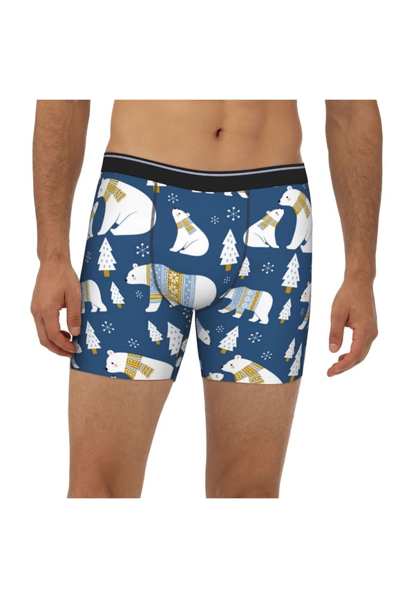 Mens Extended Length Boxer Briefs - Cute Winter Bear Underwear Boxer Briefs with Elastic Band