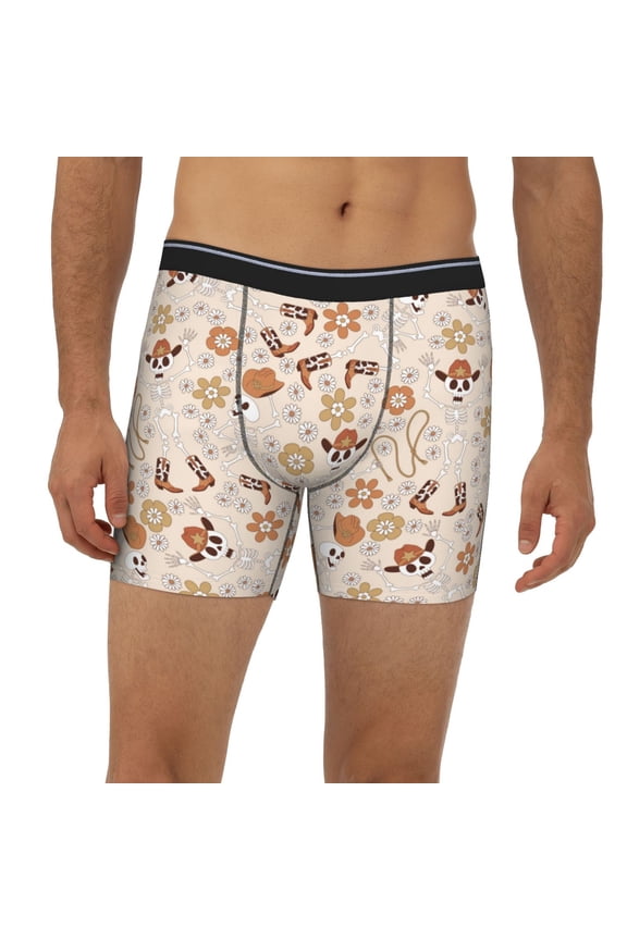 Mens Extended Length Boxer Briefs - Dancing Cowboy Skeleton Underwear Boxer Briefs with Elastic Band