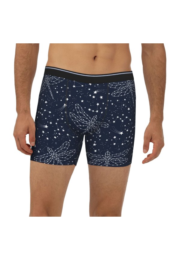 Mens Extended Length Boxer Briefs - Dragonfly Stars Navyblue Starry Underwear Boxer Briefs with Elastic Band