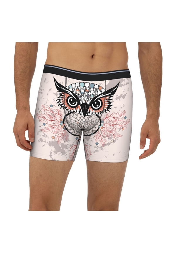 Mens Extended Length Boxer Briefs - Dreamcatcher With Owl Underwear Boxer Briefs with Elastic Band