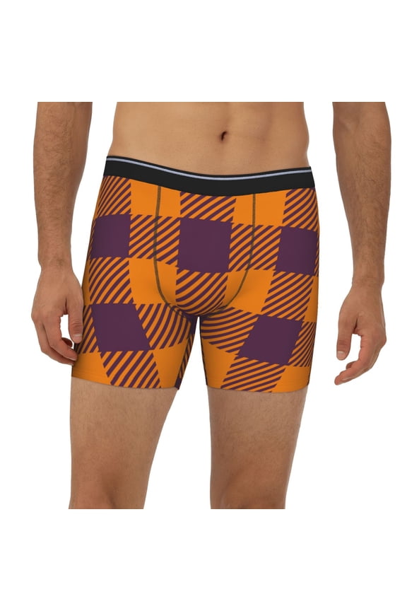 Mens Extended Length Boxer Briefs - Fall Buffalo Plaid Underwear Boxer Briefs with Elastic Band