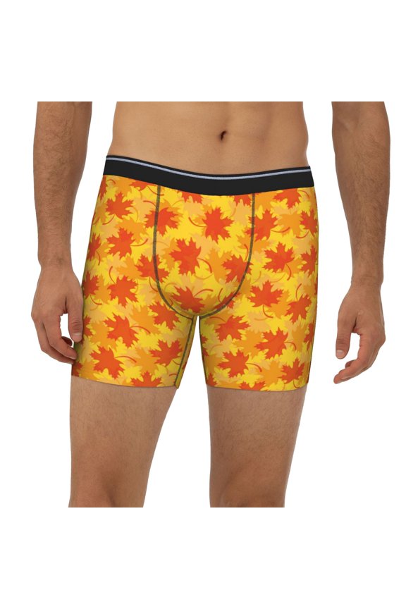 Mens Extended Length Boxer Briefs - Fall Retro Maple Leaf Underwear Boxer Briefs with Elastic Band