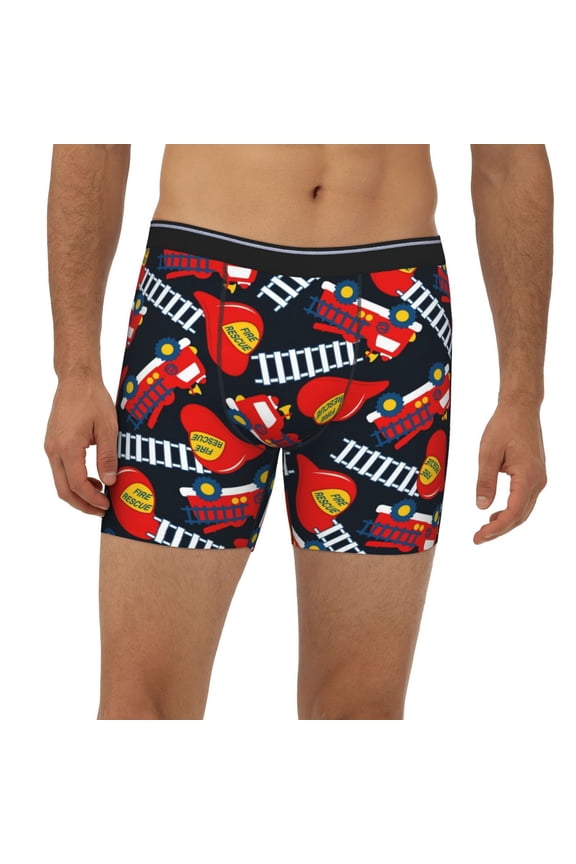 Mens Extended Length Boxer Briefs - Fire Rescue With Red Helmet And Truck Underwear Boxer Briefs with Elastic Band