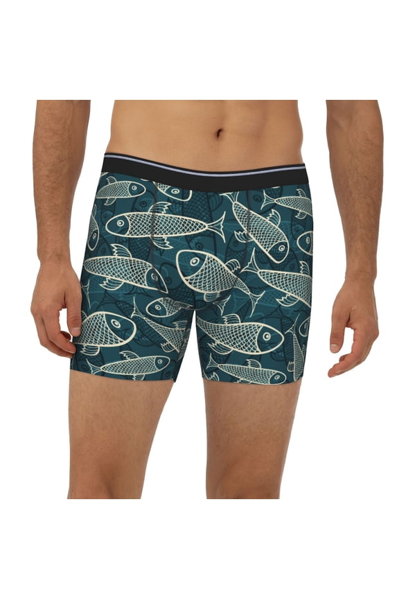 Mens Extended Length Boxer Briefs - Fish Style Underwear Boxer Briefs with Elastic Band