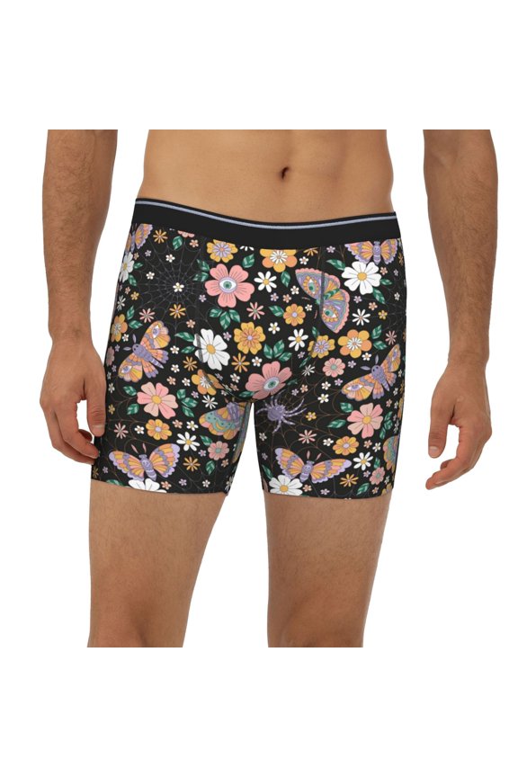 Mens Extended Length Boxer Briefs - Floral Insects Underwear Boxer Briefs with Elastic Band