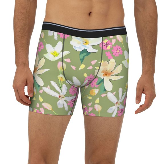 Mens Extended Length Boxer Briefs - Flowers And Buds Underwear Boxer Briefs with Elastic Band