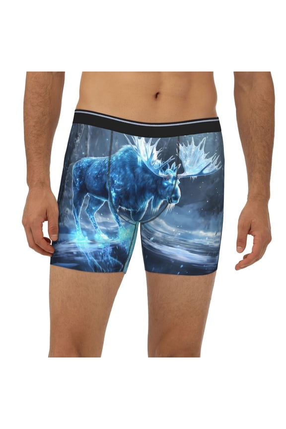 Mens Extended Length Boxer Briefs - Frozen Blue Mystic Moose Underwear Boxer Briefs with Elastic Band