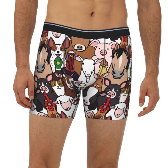 Mens Extended Length Boxer Briefs - Funny Farm Pig Cow Cat Face Underwear Boxer Briefs with Elastic Band