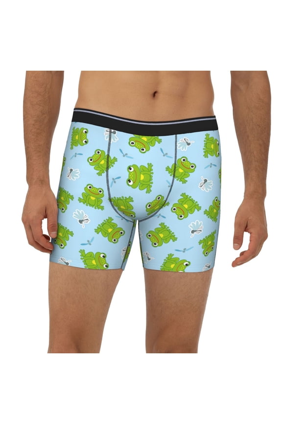Mens Extended Length Boxer Briefs - Funny Frogs Dragonfly Blue Underwear Boxer Briefs with Elastic Band