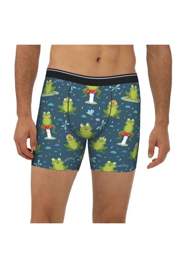 Mens Extended Length Boxer Briefs - Funny Frogs Dragonfly Raining Underwear Boxer Briefs with Elastic Band