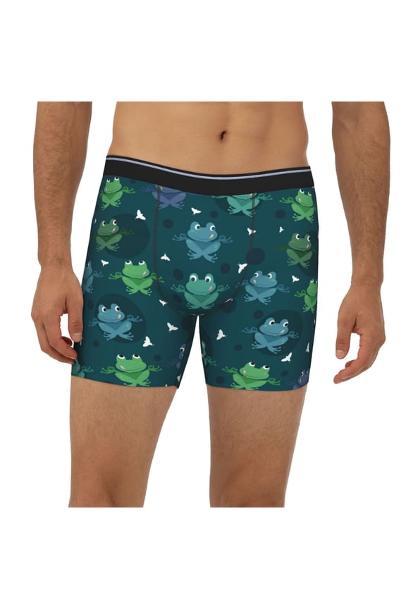 Mens Extended Length Boxer Briefs - Funny Green Frogs Yoga Underwear Boxer Briefs with Elastic Band