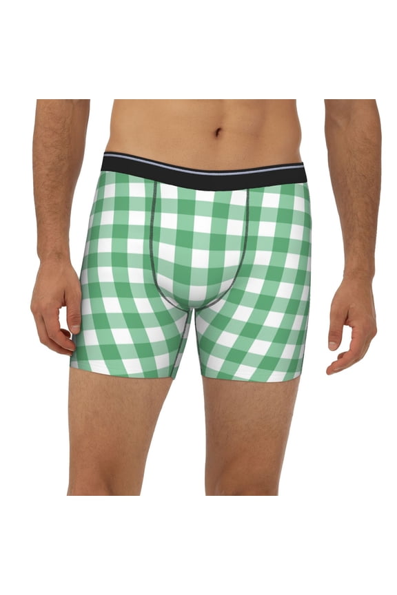 Mens Extended Length Boxer Briefs - Gingham White Green Plaids Checkered Underwear Boxer Briefs with Elastic Band