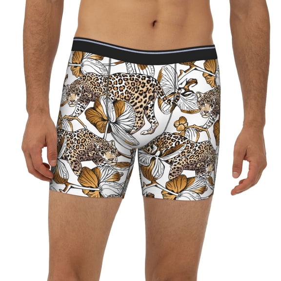 Mens Extended Length Boxer Briefs - Gold Orchid Floral Leopard Underwear Boxer Briefs with Elastic Band