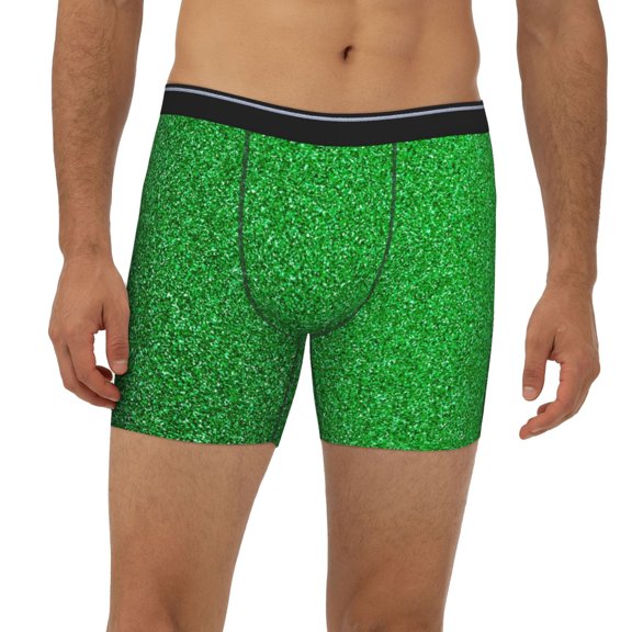 Mens Extended Length Boxer Briefs - Green Sparkling Shiny Underwear Boxer Briefs with Elastic Band