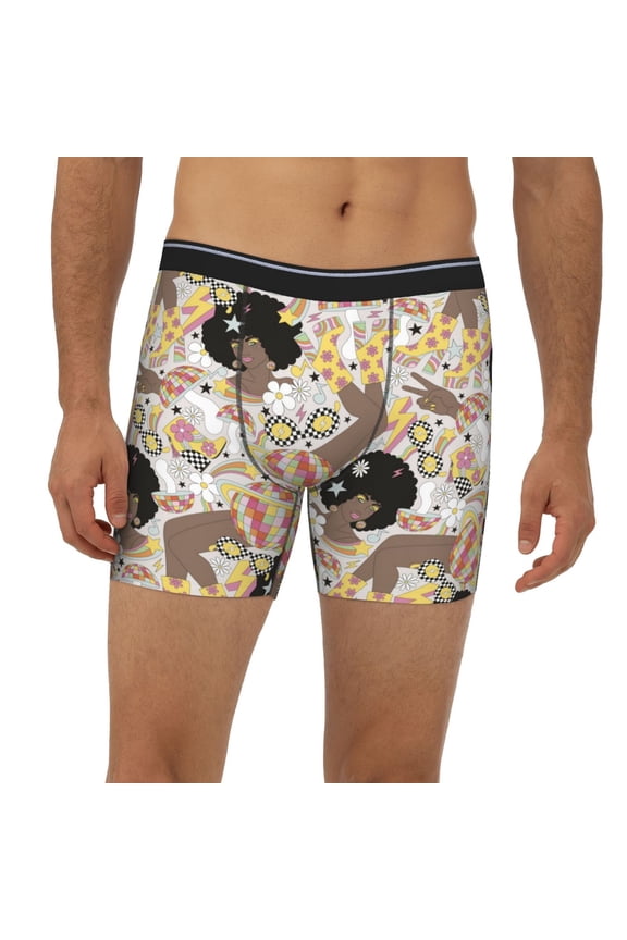 Mens Extended Length Boxer Briefs - Groovy Disco Underwear Boxer Briefs with Elastic Band