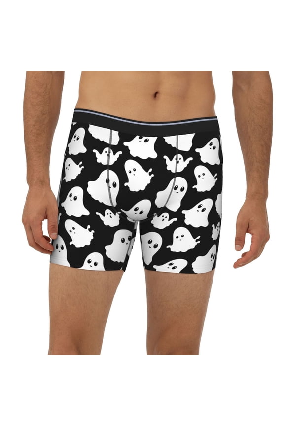 Mens Extended Length Boxer Briefs - Halloween Cartoon Ghost Underwear Boxer Briefs with Elastic Band