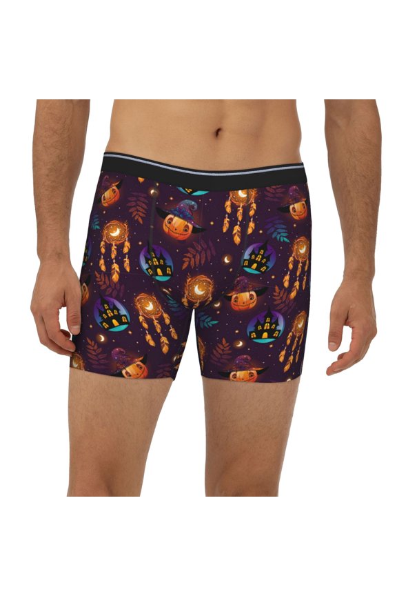 Mens Extended Length Boxer Briefs - Halloween Pumpkin Patterns Underwear Boxer Briefs with Elastic Band