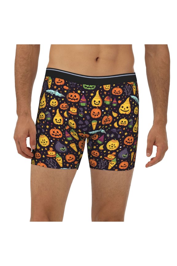 Mens Extended Length Boxer Briefs - Halloween Pumpkins Elements Underwear Boxer Briefs with Elastic Band